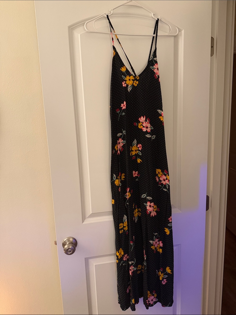 Black Floral and polka dot Maxi Dress with adjustable Spaghetti Straps